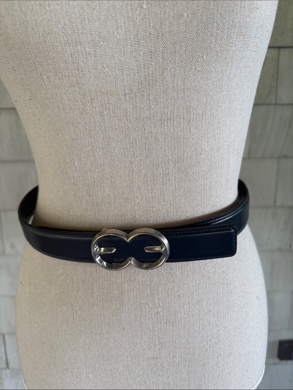 Escada Dark Navy Leather Belt Silver Double E Logo Buckle Size 34/85